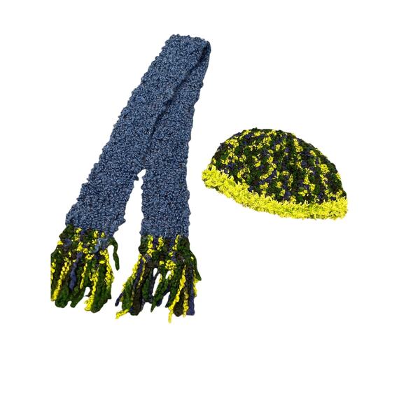 Handmade Crocheted Blue Green Beanie Hat & Fringed Scarf - Picture 2 of 5